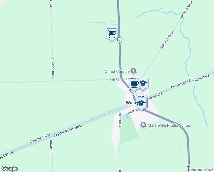 map of restaurants, bars, coffee shops, grocery stores, and more near 32025 Bell Road in Wainfleet
