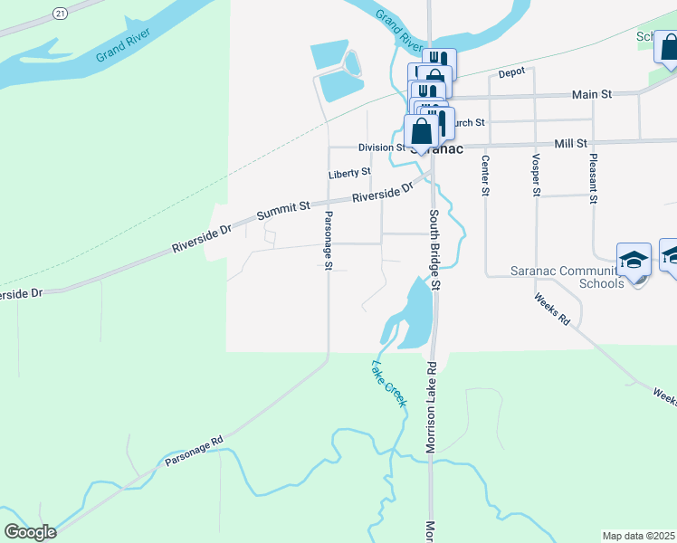 map of restaurants, bars, coffee shops, grocery stores, and more near 220 Parsonage Street in Saranac