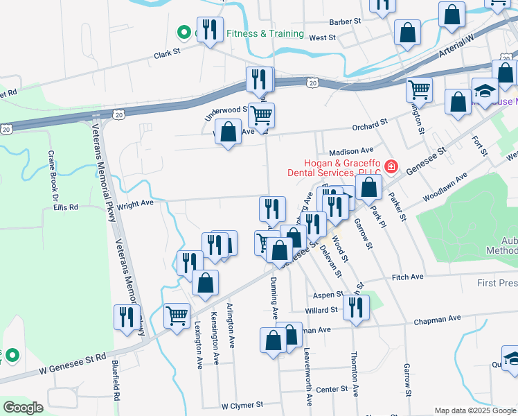 map of restaurants, bars, coffee shops, grocery stores, and more near 2 Wright Avenue in Auburn