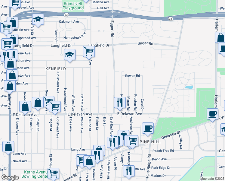 map of restaurants, bars, coffee shops, grocery stores, and more near 97 Wright Avenue in Buffalo