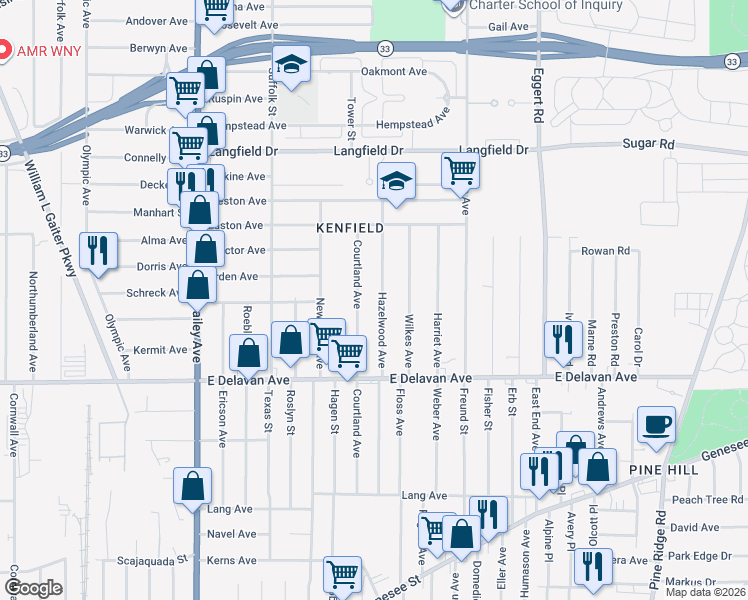 map of restaurants, bars, coffee shops, grocery stores, and more near 231 Hazelwood Avenue in Buffalo