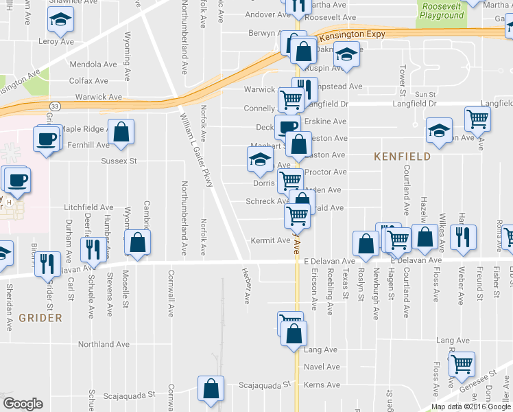 map of restaurants, bars, coffee shops, grocery stores, and more near 48 Schreck Avenue in Buffalo