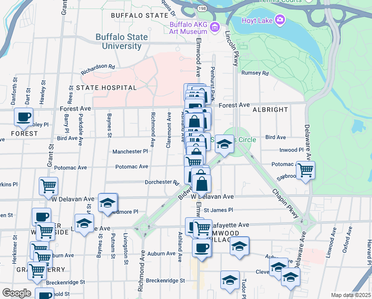 map of restaurants, bars, coffee shops, grocery stores, and more near 1042 Elmwood Avenue in Buffalo