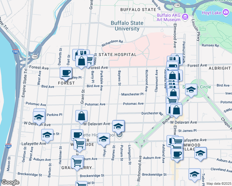 map of restaurants, bars, coffee shops, grocery stores, and more near 366 Baynes Street in Buffalo