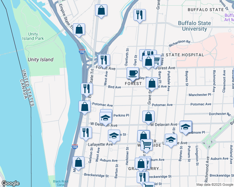map of restaurants, bars, coffee shops, grocery stores, and more near 135 Bird Avenue in Buffalo