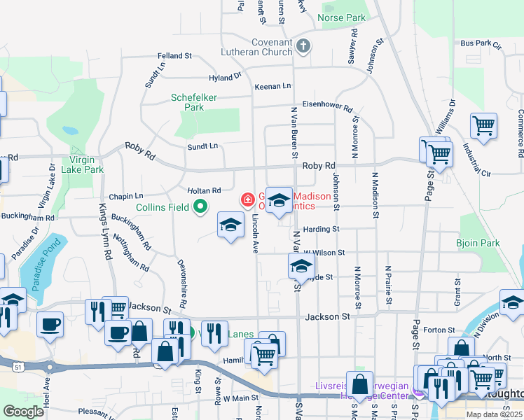 map of restaurants, bars, coffee shops, grocery stores, and more near 812 Lincoln Avenue in Stoughton