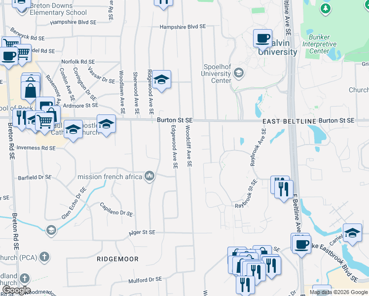 map of restaurants, bars, coffee shops, grocery stores, and more near 2050 Edgewood Avenue Southeast in Grand Rapids