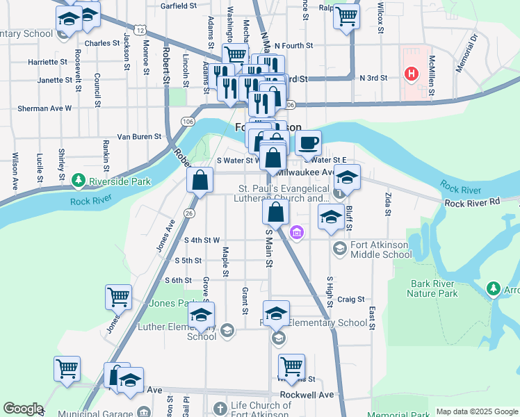 map of restaurants, bars, coffee shops, grocery stores, and more near 320 South Main Street in Fort Atkinson