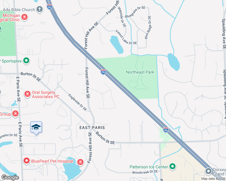 map of restaurants, bars, coffee shops, grocery stores, and more near 2096 Shiloh Point Drive Southeast in Grand Rapids