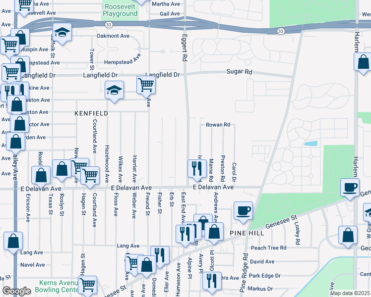 map of restaurants, bars, coffee shops, grocery stores, and more near 97 Wright Avenue in Buffalo
