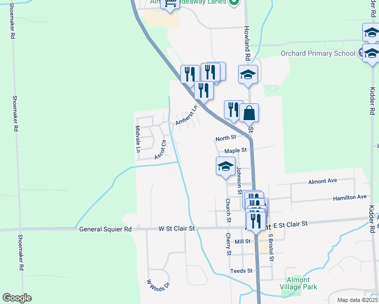 map of restaurants, bars, coffee shops, grocery stores, and more near 777 Ascot Circle in Almont