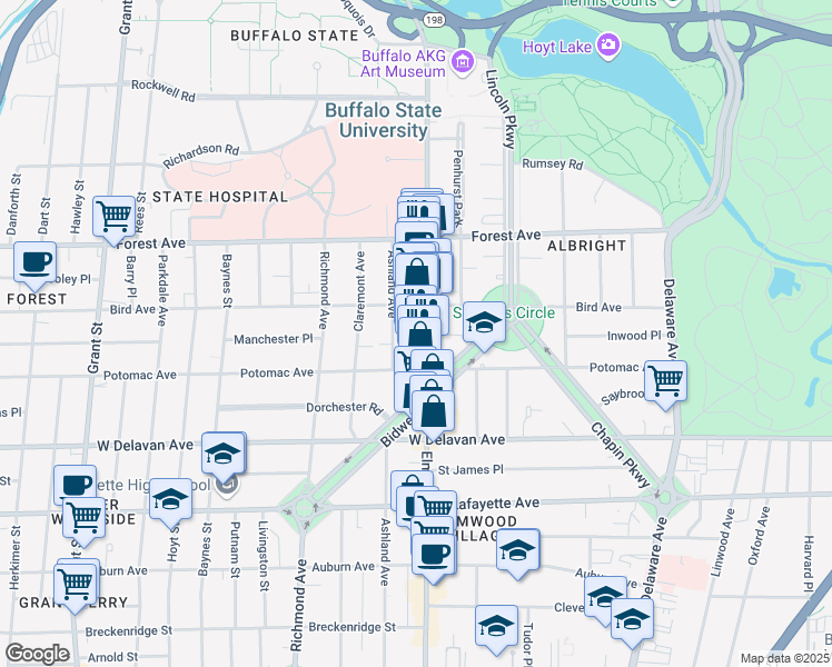 map of restaurants, bars, coffee shops, grocery stores, and more near 1042 Elmwood Avenue in Buffalo