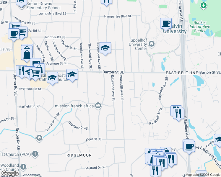 map of restaurants, bars, coffee shops, grocery stores, and more near 2050 Edgewood Avenue Southeast in Grand Rapids