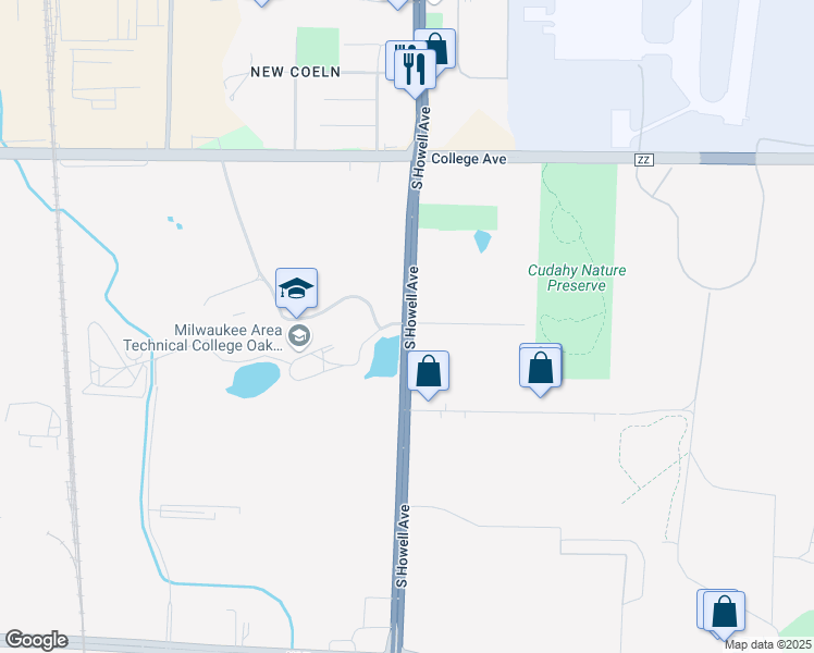 map of restaurants, bars, coffee shops, grocery stores, and more near 6665 South Howell Avenue in Oak Creek