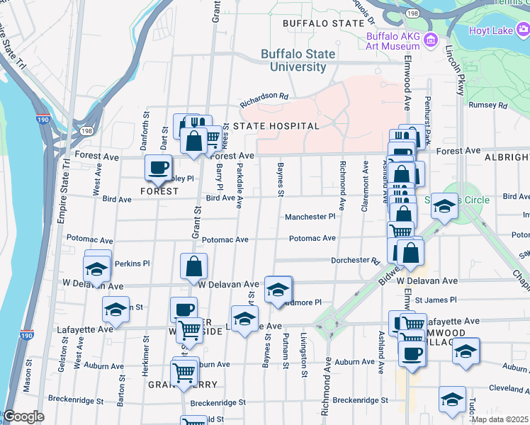 map of restaurants, bars, coffee shops, grocery stores, and more near 353 Hoyt Street in Buffalo