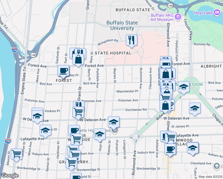 map of restaurants, bars, coffee shops, grocery stores, and more near 366 Baynes Street in Buffalo