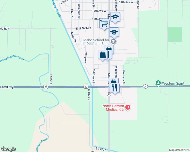 map of restaurants, bars, coffee shops, grocery stores, and more near 2129 California Street in Gooding