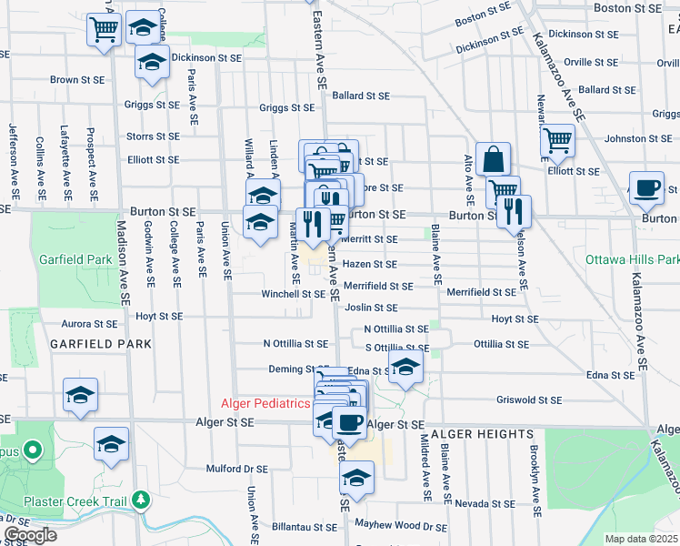 map of restaurants, bars, coffee shops, grocery stores, and more near 2068 Eastern Avenue Southeast in Grand Rapids