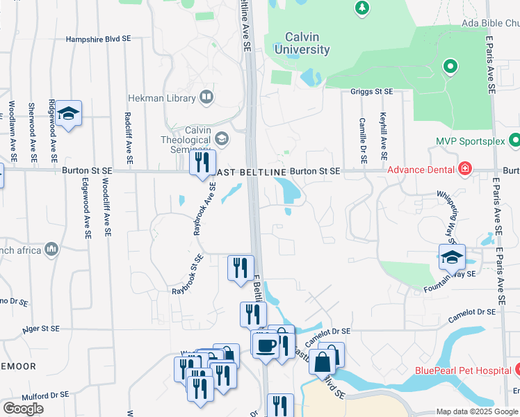 map of restaurants, bars, coffee shops, grocery stores, and more near 3407 Burton Ridge Drive Southeast in Grand Rapids