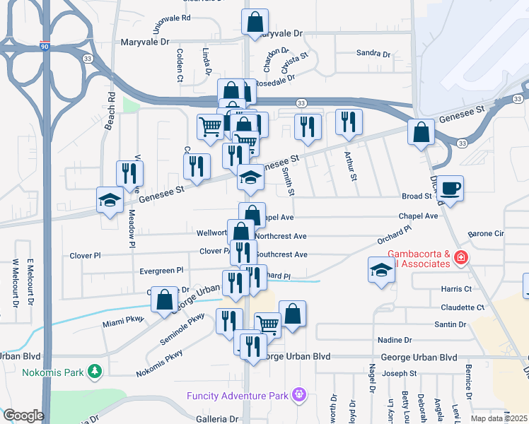 map of restaurants, bars, coffee shops, grocery stores, and more near 24 Chapel Avenue in Buffalo