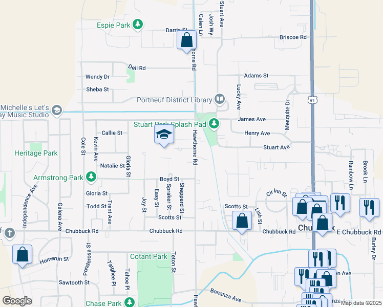 map of restaurants, bars, coffee shops, grocery stores, and more near 5033 Hawthorne Road in Pocatello