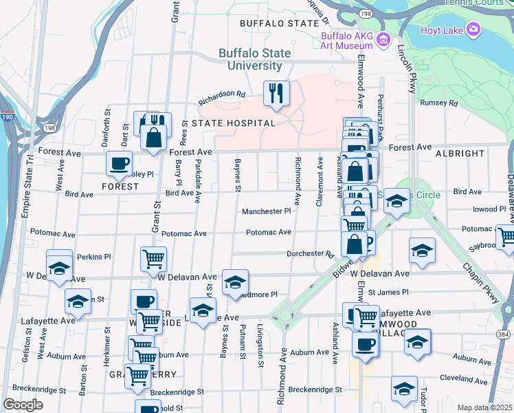 map of restaurants, bars, coffee shops, grocery stores, and more near 61 Manchester Place in Buffalo
