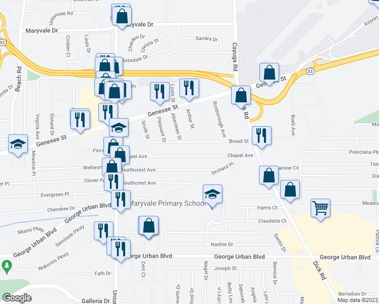 map of restaurants, bars, coffee shops, grocery stores, and more near 164 Chapel Avenue in Buffalo