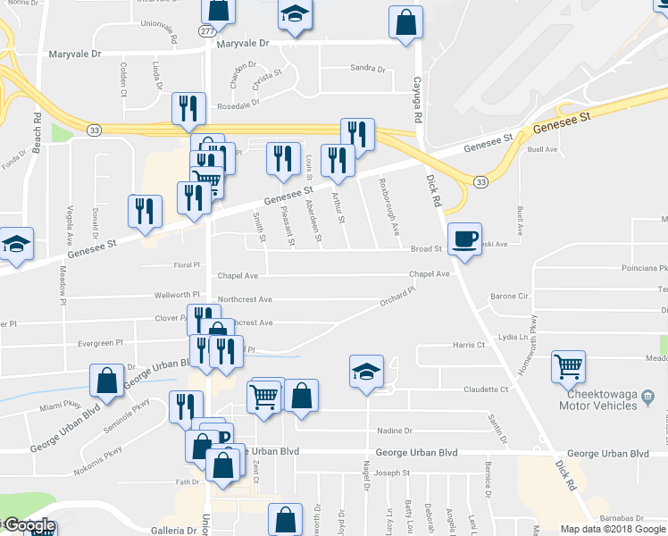 map of restaurants, bars, coffee shops, grocery stores, and more near 158 Chapel Avenue in Buffalo