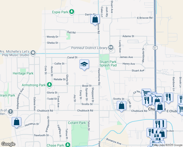 map of restaurants, bars, coffee shops, grocery stores, and more near 24 Chastain Drive in Chubbuck