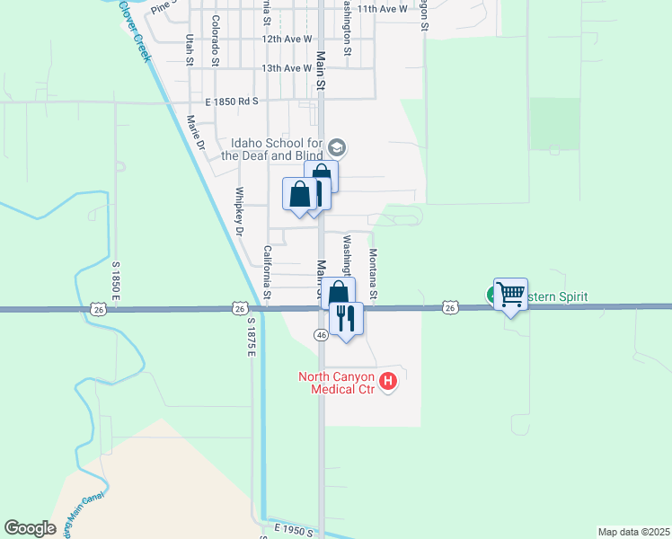 map of restaurants, bars, coffee shops, grocery stores, and more near 2150 Main Street in Gooding