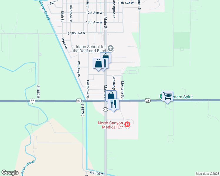 map of restaurants, bars, coffee shops, grocery stores, and more near 2150 Main Street in Gooding