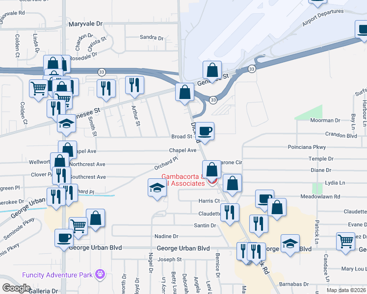 map of restaurants, bars, coffee shops, grocery stores, and more near 203 Broad Street in Buffalo