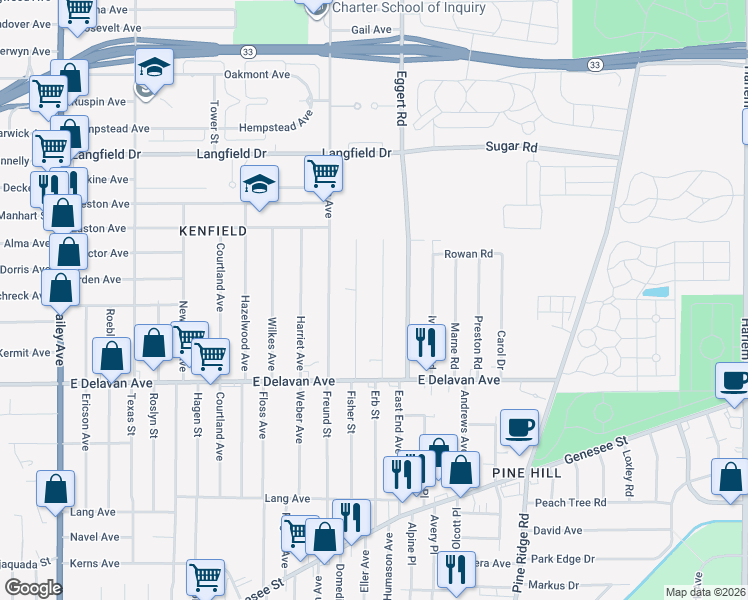 map of restaurants, bars, coffee shops, grocery stores, and more near 97 Wright Avenue in Buffalo