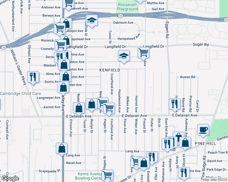 map of restaurants, bars, coffee shops, grocery stores, and more near 198 Courtland Avenue in Buffalo