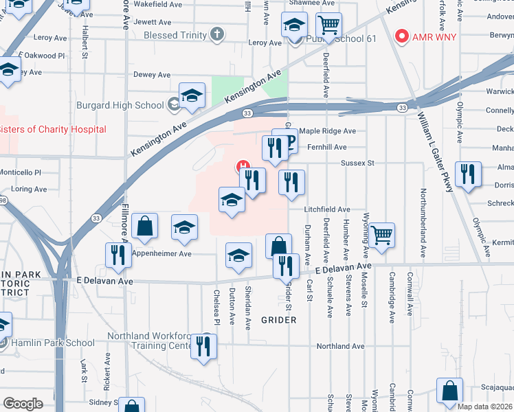 map of restaurants, bars, coffee shops, grocery stores, and more near 462 Grider Street in Buffalo