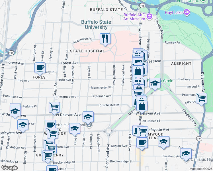 map of restaurants, bars, coffee shops, grocery stores, and more near 23 Manchester Place in Buffalo