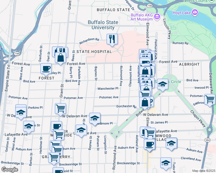 map of restaurants, bars, coffee shops, grocery stores, and more near 61 Manchester Place in Buffalo
