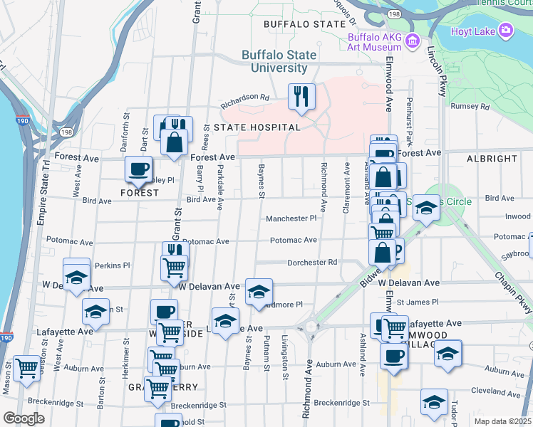 map of restaurants, bars, coffee shops, grocery stores, and more near 366 Baynes Street in Buffalo