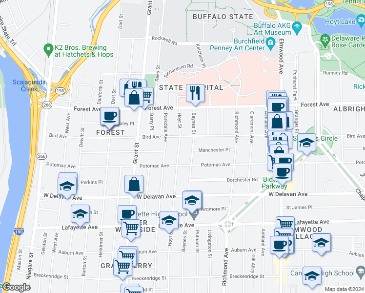 map of restaurants, bars, coffee shops, grocery stores, and more near 366 Baynes Street in Buffalo