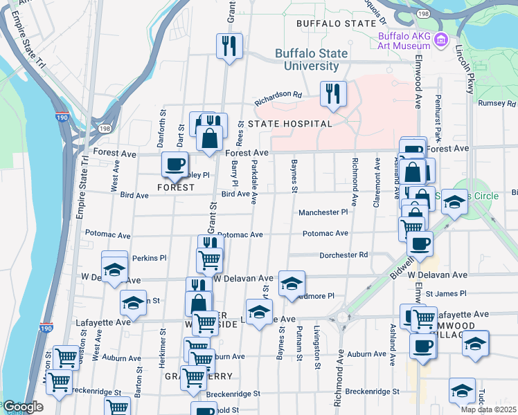 map of restaurants, bars, coffee shops, grocery stores, and more near 360 Hoyt Street in Buffalo