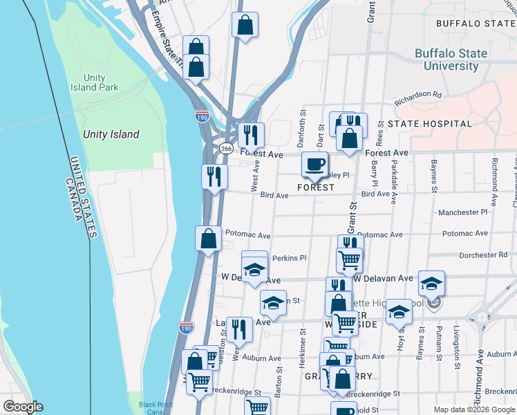 map of restaurants, bars, coffee shops, grocery stores, and more near 1295 West Avenue in Buffalo