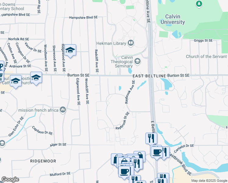 map of restaurants, bars, coffee shops, grocery stores, and more near 2105 Raybrook Street Southeast in Grand Rapids