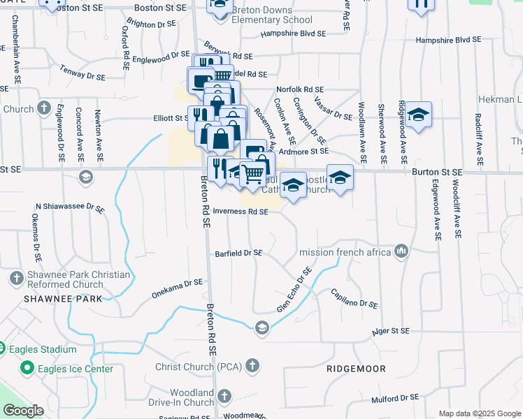 map of restaurants, bars, coffee shops, grocery stores, and more near 2550 Inverness Road Southeast in Grand Rapids