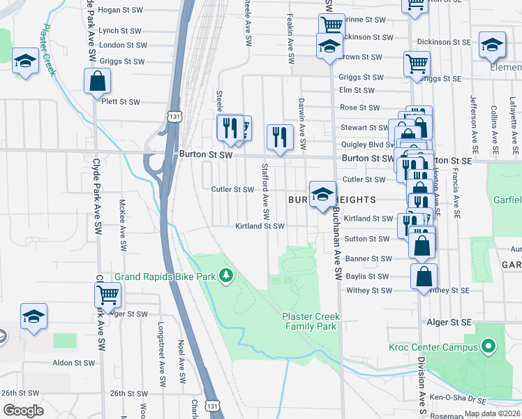 map of restaurants, bars, coffee shops, grocery stores, and more near 2120 Stafford Avenue Southwest in Grand Rapids