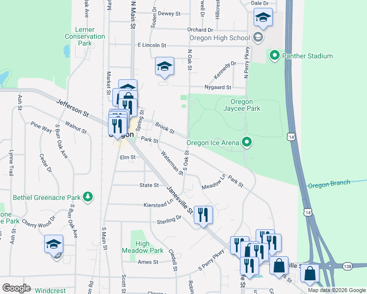 map of restaurants, bars, coffee shops, grocery stores, and more near 294 Brook Street in Oregon
