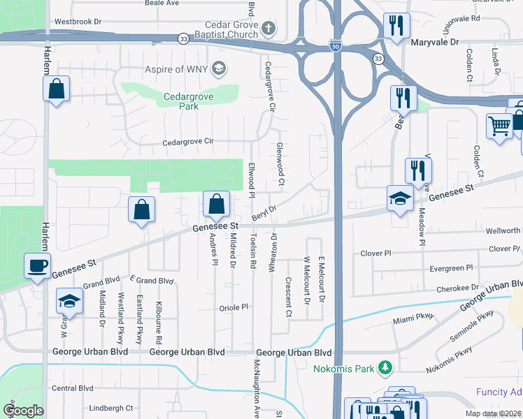 map of restaurants, bars, coffee shops, grocery stores, and more near 46 Beryl Drive in Buffalo