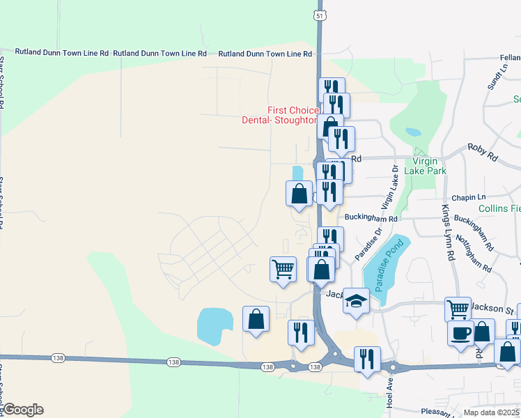 map of restaurants, bars, coffee shops, grocery stores, and more near 1498 Oak Opening Drive in Stoughton