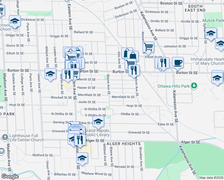 map of restaurants, bars, coffee shops, grocery stores, and more near 1012 Hazen Street Southeast in Grand Rapids