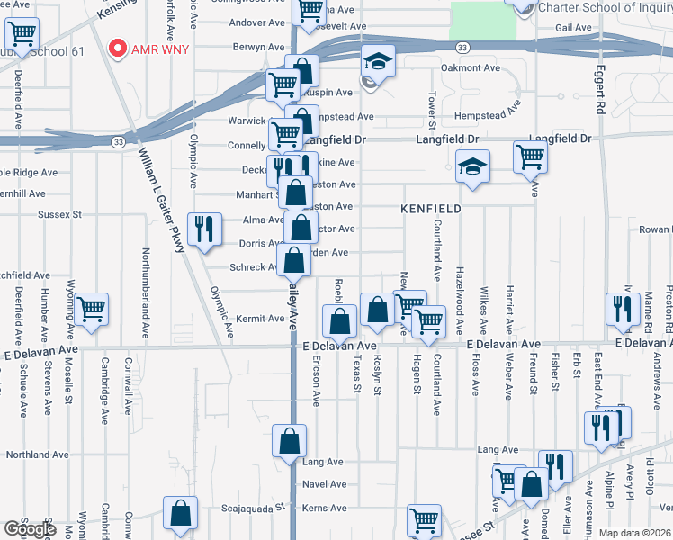 map of restaurants, bars, coffee shops, grocery stores, and more near 54 Gerald Avenue in Buffalo