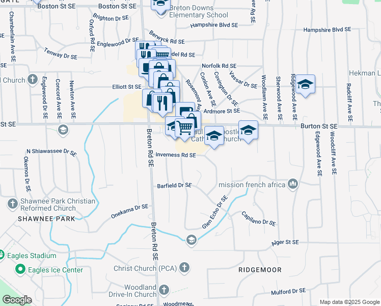 map of restaurants, bars, coffee shops, grocery stores, and more near 2550 Inverness Road Southeast in Grand Rapids